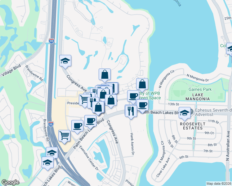map of restaurants, bars, coffee shops, grocery stores, and more near 1630 Embassy Drive in West Palm Beach