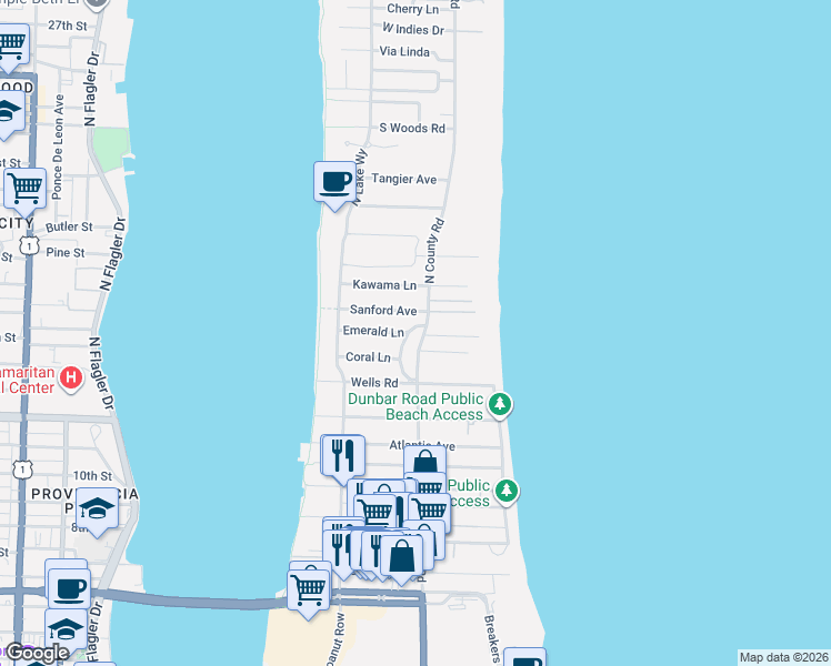 map of restaurants, bars, coffee shops, grocery stores, and more near 351 Crescent Drive in Palm Beach