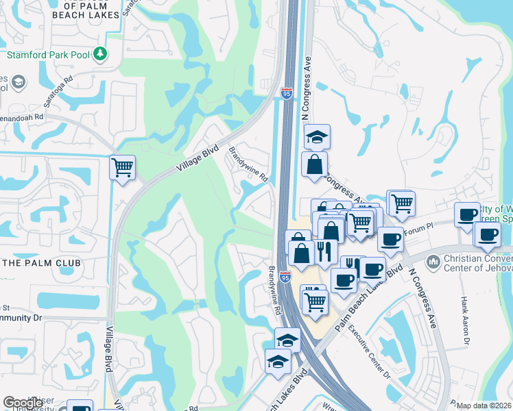 map of restaurants, bars, coffee shops, grocery stores, and more near 1979 Brandywine Road in West Palm Beach