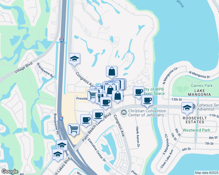 map of restaurants, bars, coffee shops, grocery stores, and more near 1640 Presidential Way in West Palm Beach