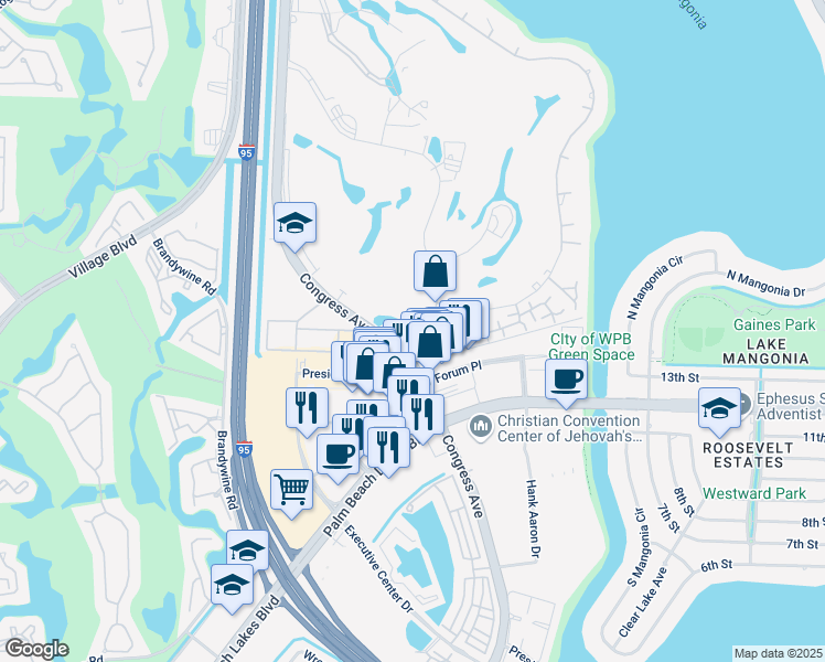 map of restaurants, bars, coffee shops, grocery stores, and more near 1501 Presidential Way in West Palm Beach