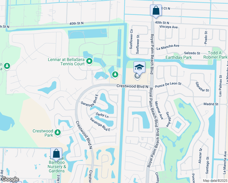 map of restaurants, bars, coffee shops, grocery stores, and more near 104 Saddle Trail in Royal Palm Beach