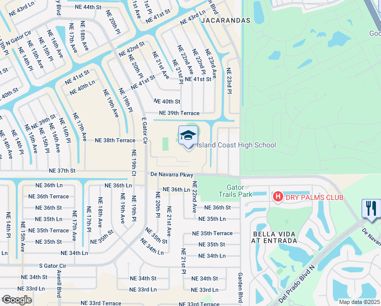 map of restaurants, bars, coffee shops, grocery stores, and more near 2125 De Navarra Parkway in Cape Coral