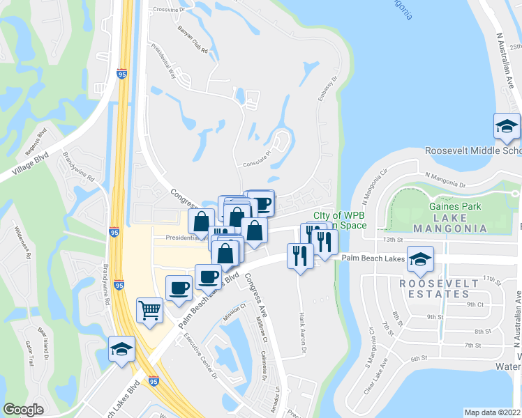 map of restaurants, bars, coffee shops, grocery stores, and more near 1630 Embassy Drive in West Palm Beach