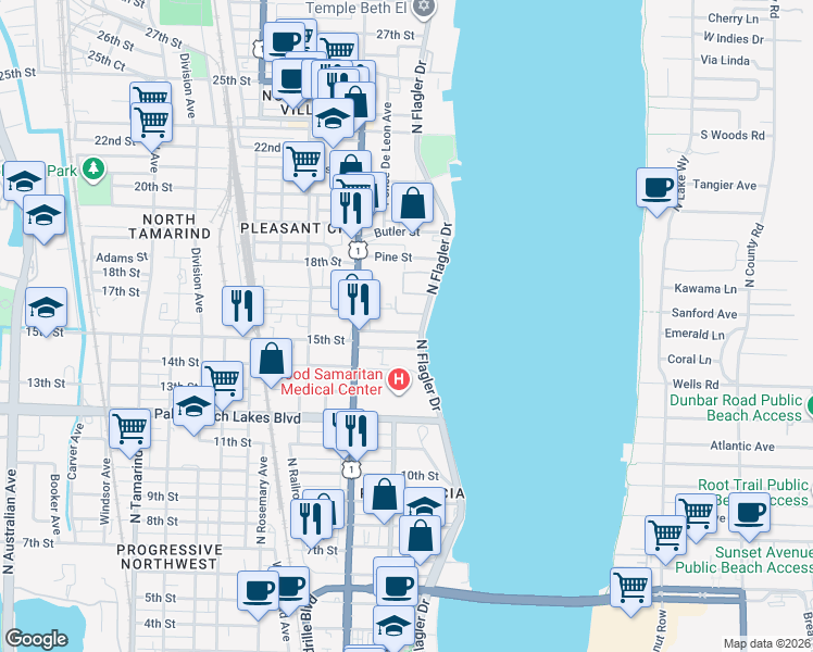 map of restaurants, bars, coffee shops, grocery stores, and more near 1525 North Flagler Drive in West Palm Beach