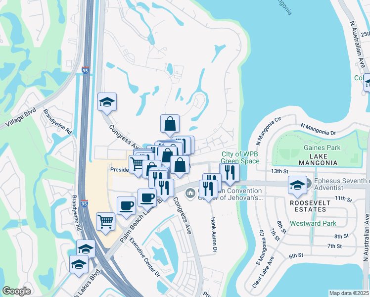 map of restaurants, bars, coffee shops, grocery stores, and more near 1630 Embassy Drive in West Palm Beach
