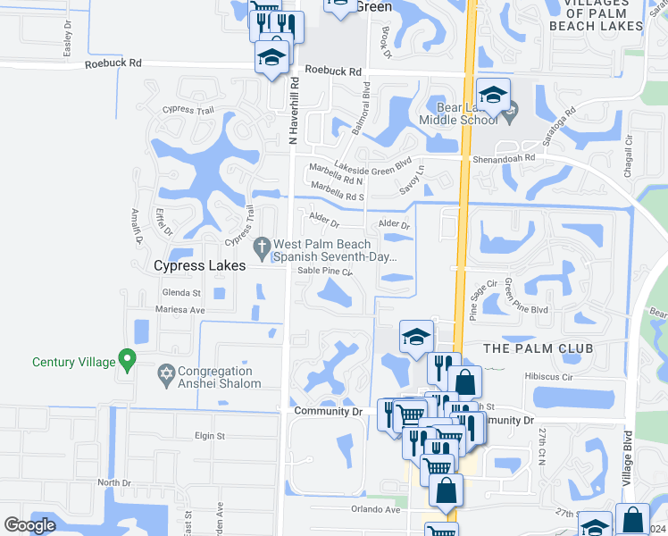 map of restaurants, bars, coffee shops, grocery stores, and more near 4844 Sable Pine Circle in West Palm Beach