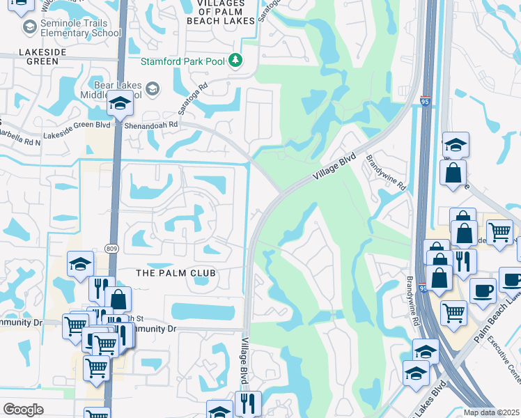 map of restaurants, bars, coffee shops, grocery stores, and more near 1743 Village Boulevard in West Palm Beach