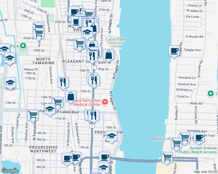 map of restaurants, bars, coffee shops, grocery stores, and more near 1717 North Flagler Drive in West Palm Beach