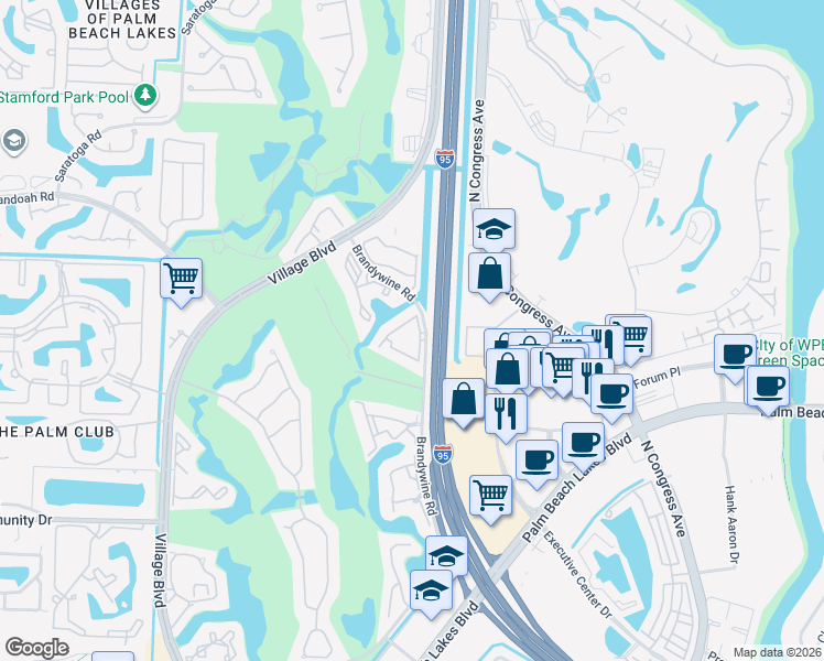 map of restaurants, bars, coffee shops, grocery stores, and more near 1957 Brandywine Road in West Palm Beach