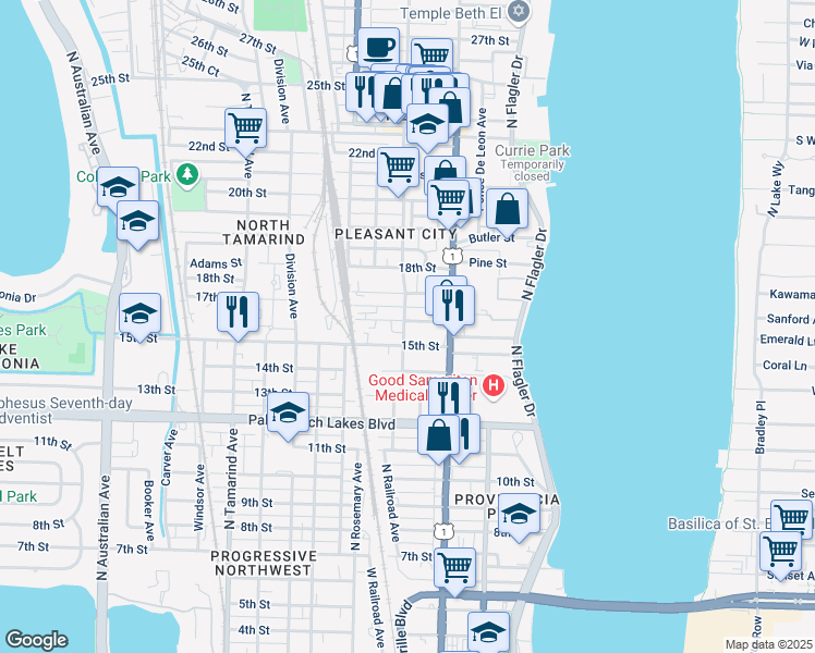 map of restaurants, bars, coffee shops, grocery stores, and more near 504 Lilac Court in West Palm Beach