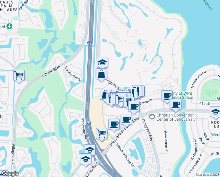 map of restaurants, bars, coffee shops, grocery stores, and more near 1645 North Congress Avenue in West Palm Beach