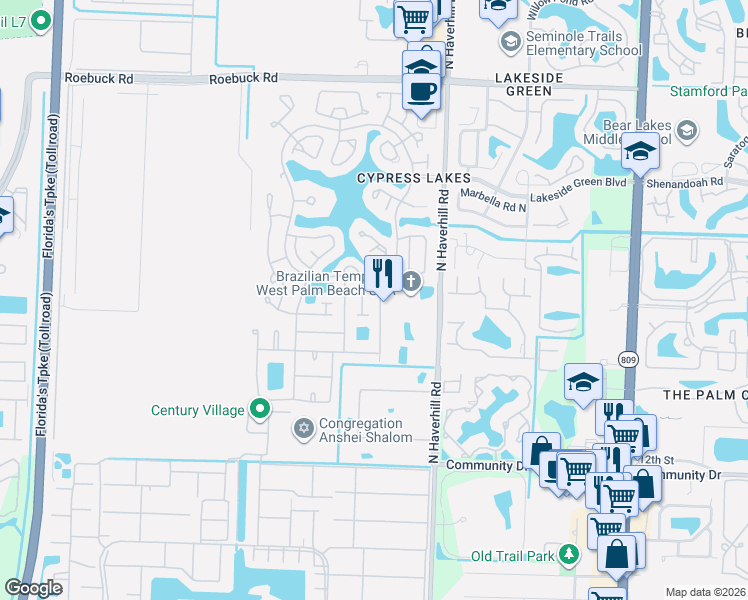 map of restaurants, bars, coffee shops, grocery stores, and more near 3484 Americo Drive in West Palm Beach
