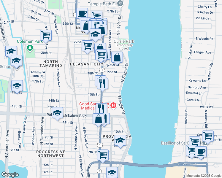 map of restaurants, bars, coffee shops, grocery stores, and more near 306 North Lakeside Court in West Palm Beach