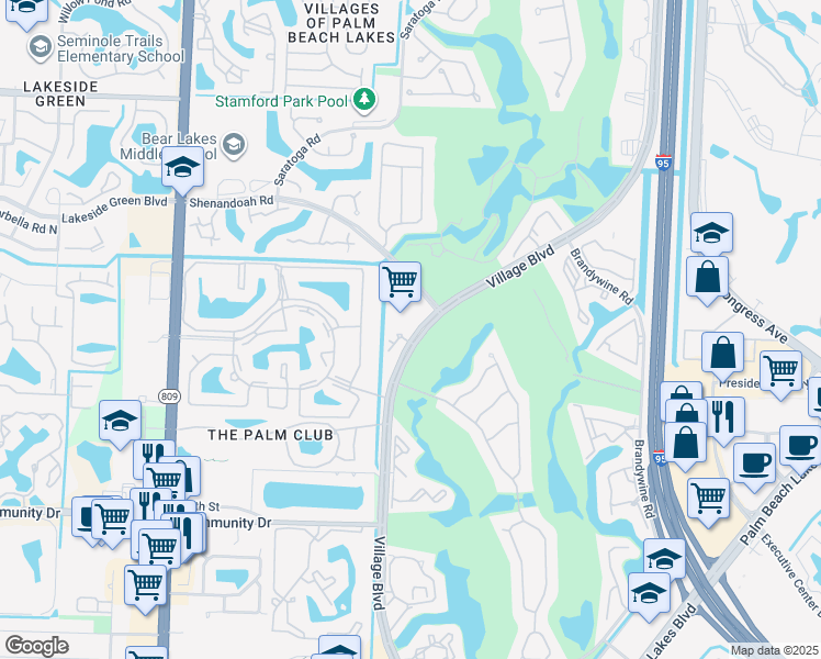 map of restaurants, bars, coffee shops, grocery stores, and more near 1715 Village Boulevard in West Palm Beach