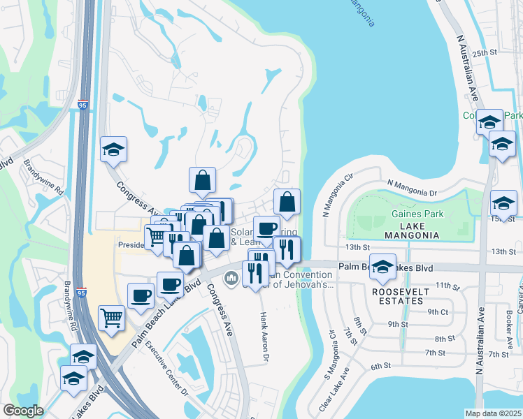 map of restaurants, bars, coffee shops, grocery stores, and more near 1723 Embassy Drive in West Palm Beach