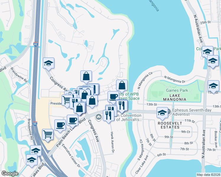 map of restaurants, bars, coffee shops, grocery stores, and more near 1723 Embassy Drive in West Palm Beach