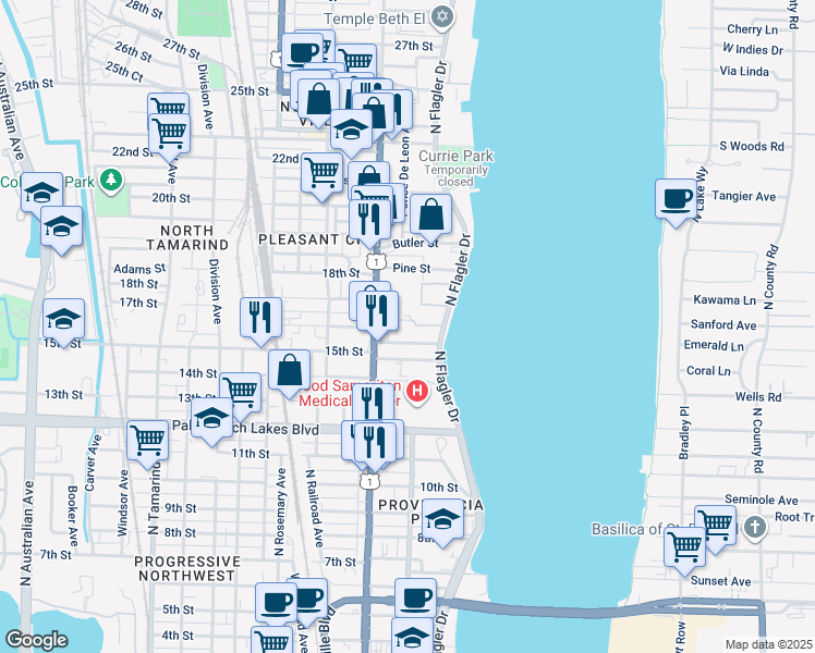 map of restaurants, bars, coffee shops, grocery stores, and more near 317 North Lakeside Court in West Palm Beach