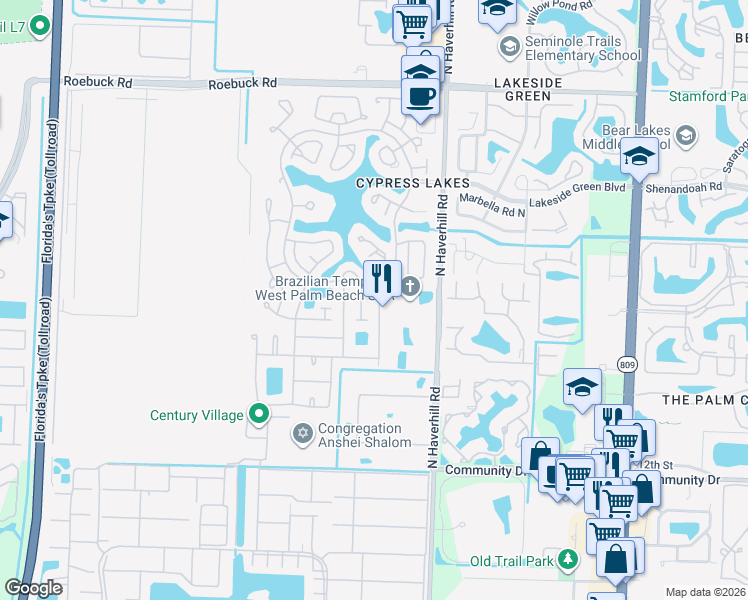map of restaurants, bars, coffee shops, grocery stores, and more near 3451 Americo Drive in West Palm Beach