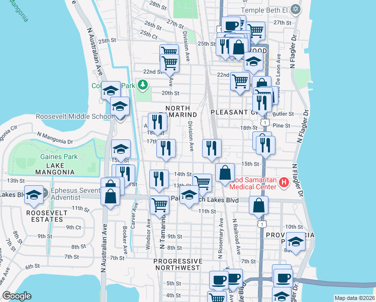 map of restaurants, bars, coffee shops, grocery stores, and more near 1735 Division Avenue in West Palm Beach