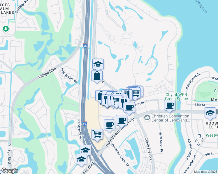 map of restaurants, bars, coffee shops, grocery stores, and more near 1645 North Congress Avenue in West Palm Beach