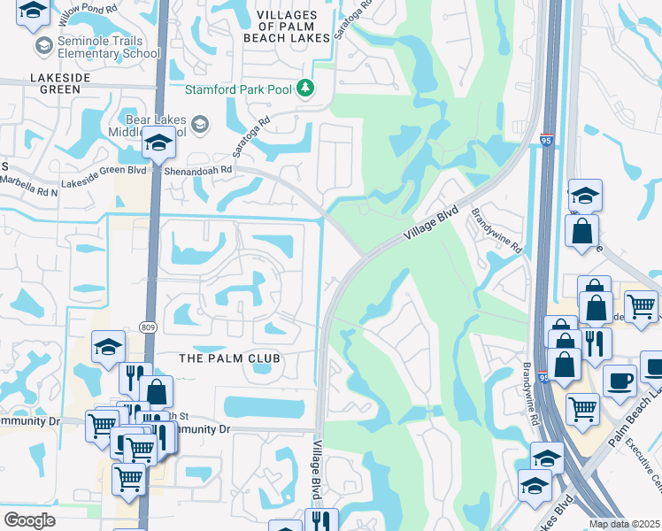 map of restaurants, bars, coffee shops, grocery stores, and more near 1743 Village Boulevard in West Palm Beach
