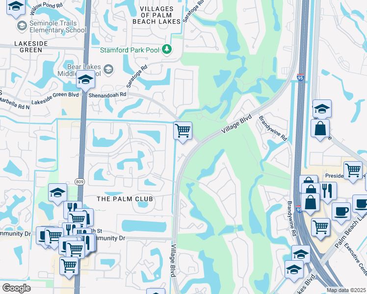 map of restaurants, bars, coffee shops, grocery stores, and more near 1721 Village Boulevard in West Palm Beach