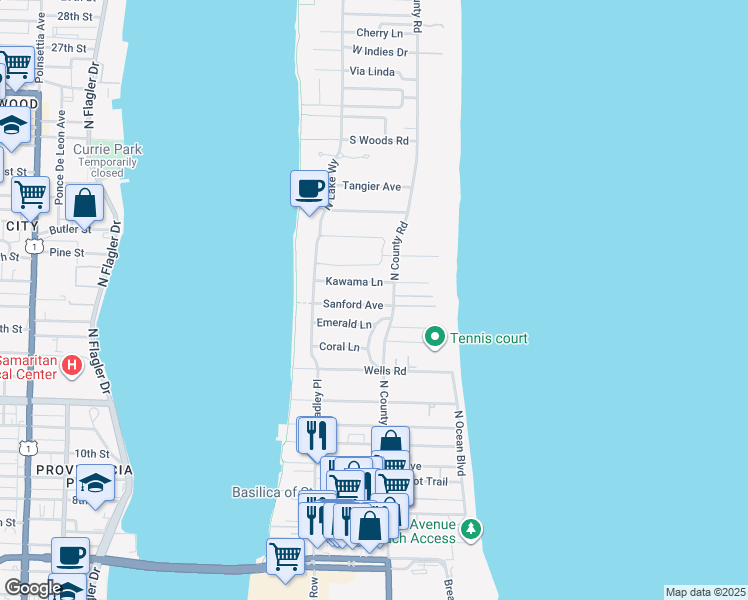 map of restaurants, bars, coffee shops, grocery stores, and more near 209 Sanford Avenue in Palm Beach