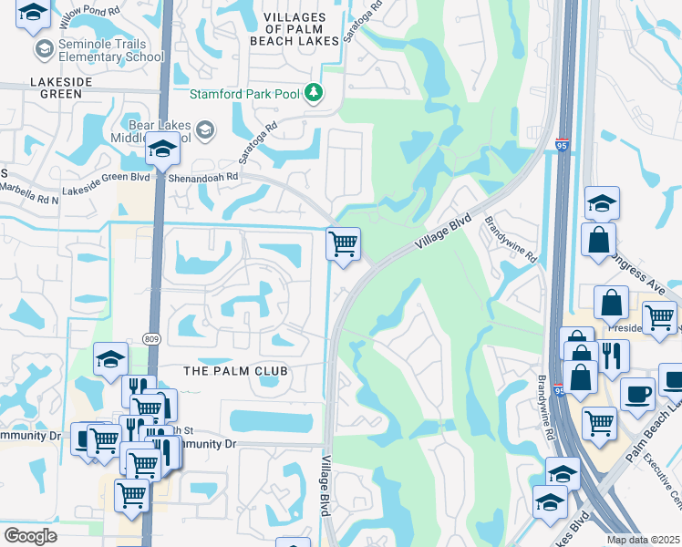 map of restaurants, bars, coffee shops, grocery stores, and more near 1743 Village Boulevard in West Palm Beach