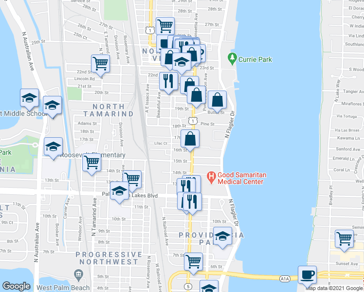map of restaurants, bars, coffee shops, grocery stores, and more near 102 Lilac Court in West Palm Beach