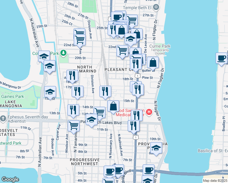map of restaurants, bars, coffee shops, grocery stores, and more near 535 16th Street in West Palm Beach