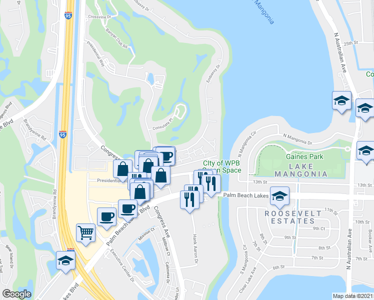 map of restaurants, bars, coffee shops, grocery stores, and more near 1723 Embassy Drive in West Palm Beach