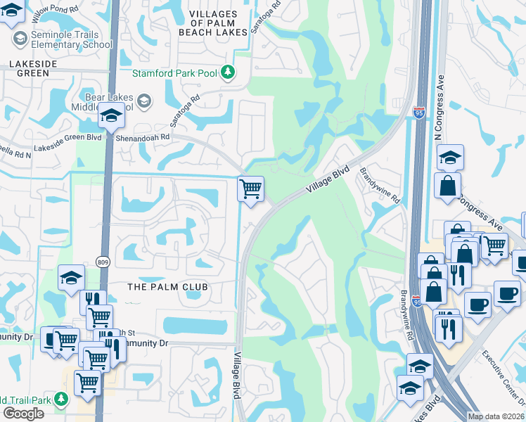 map of restaurants, bars, coffee shops, grocery stores, and more near 1739 Village Boulevard in West Palm Beach