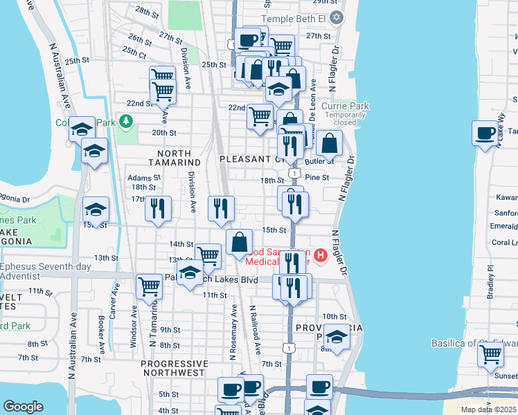 map of restaurants, bars, coffee shops, grocery stores, and more near 504 Lilac Court in West Palm Beach