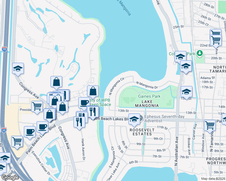 map of restaurants, bars, coffee shops, grocery stores, and more near 1473 North Mangonia Circle in West Palm Beach