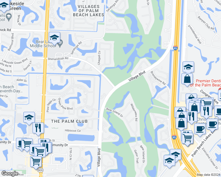 map of restaurants, bars, coffee shops, grocery stores, and more near 1739 Village Boulevard in West Palm Beach