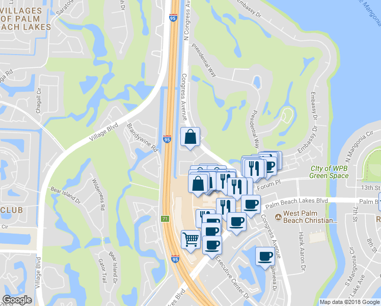 map of restaurants, bars, coffee shops, grocery stores, and more near 1757 North Congress Avenue in West Palm Beach