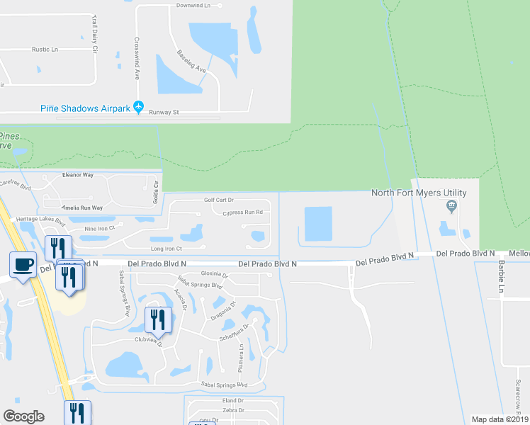 map of restaurants, bars, coffee shops, grocery stores, and more near 3938 Cypress Run Road in North Fort Myers