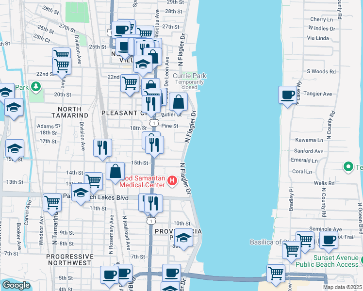 map of restaurants, bars, coffee shops, grocery stores, and more near 1717 North Flagler Drive in West Palm Beach