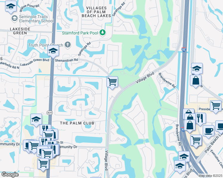 map of restaurants, bars, coffee shops, grocery stores, and more near 1733 Village Boulevard in West Palm Beach