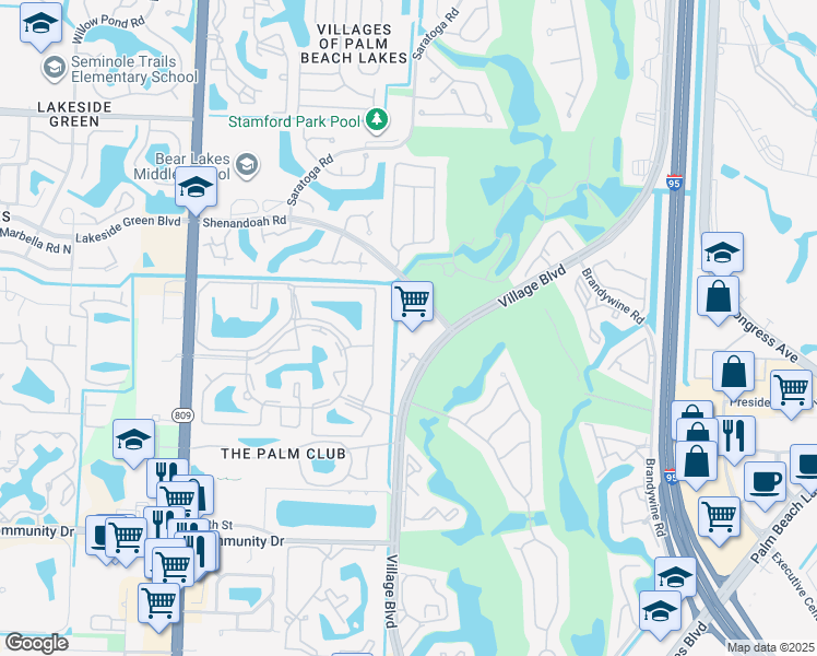 map of restaurants, bars, coffee shops, grocery stores, and more near 1733 Village Boulevard in West Palm Beach