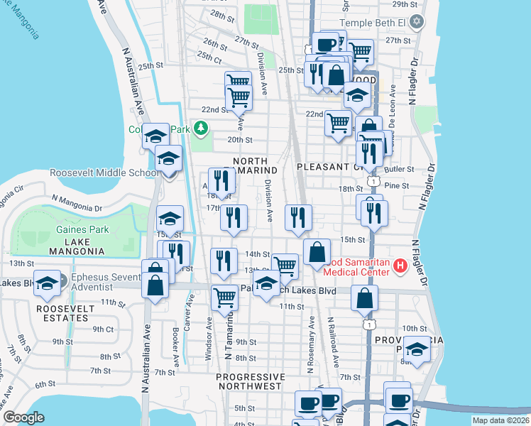 map of restaurants, bars, coffee shops, grocery stores, and more near 1735 Division Avenue in West Palm Beach