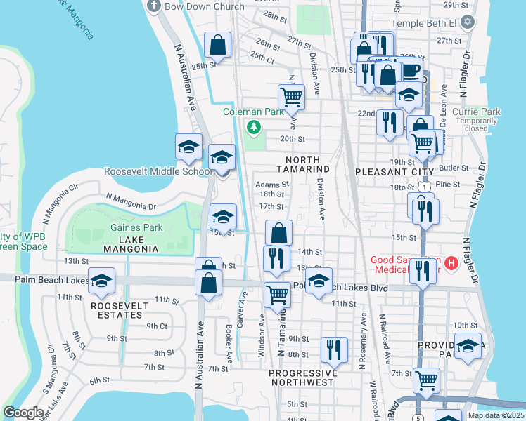 map of restaurants, bars, coffee shops, grocery stores, and more near 1030 17th Street in West Palm Beach