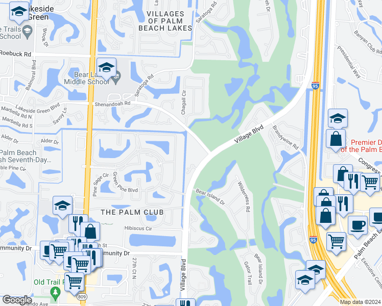 map of restaurants, bars, coffee shops, grocery stores, and more near 1743 Village Boulevard in West Palm Beach