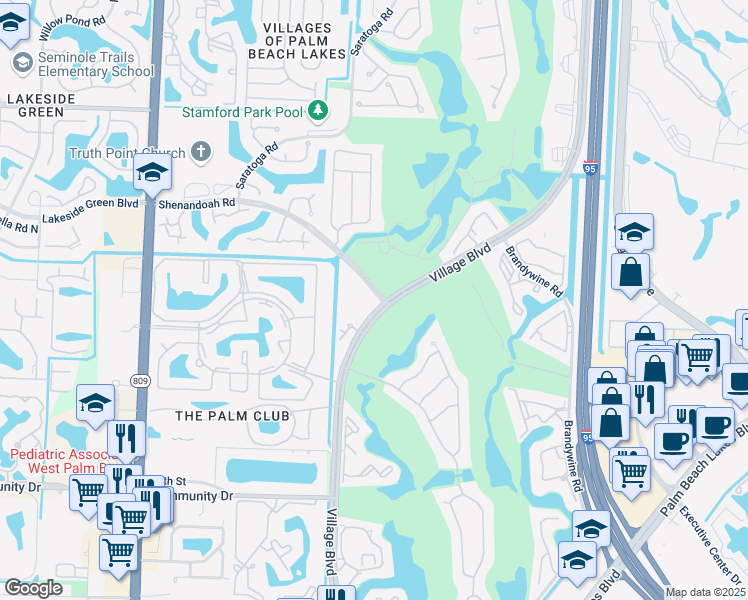map of restaurants, bars, coffee shops, grocery stores, and more near 1739 Village Boulevard in West Palm Beach