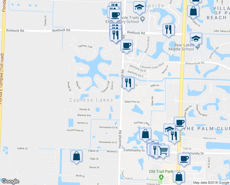 map of restaurants, bars, coffee shops, grocery stores, and more near 5151 Robino Circle in West Palm Beach