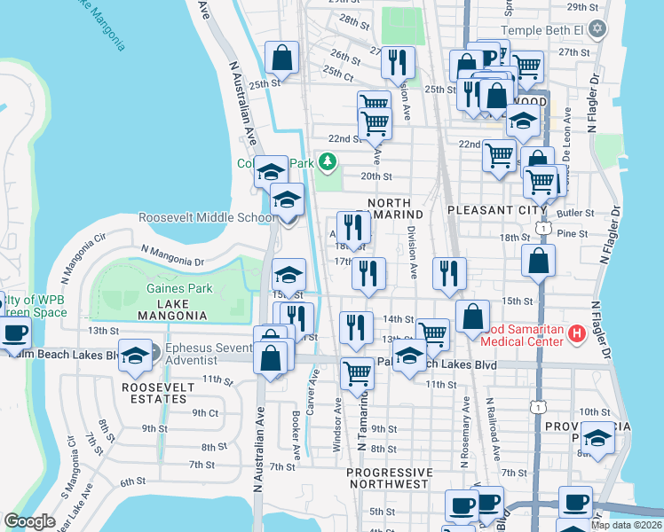 map of restaurants, bars, coffee shops, grocery stores, and more near 1030 17th Street in West Palm Beach