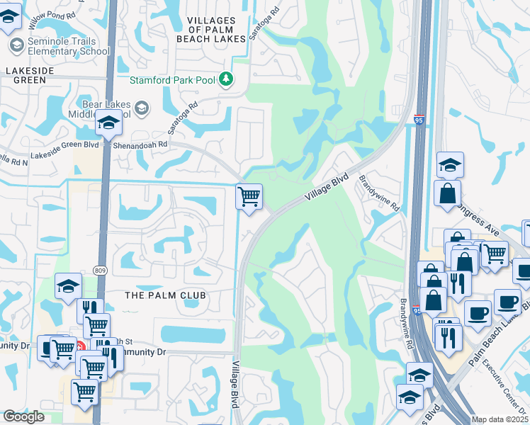 map of restaurants, bars, coffee shops, grocery stores, and more near 1739 Village Boulevard in West Palm Beach