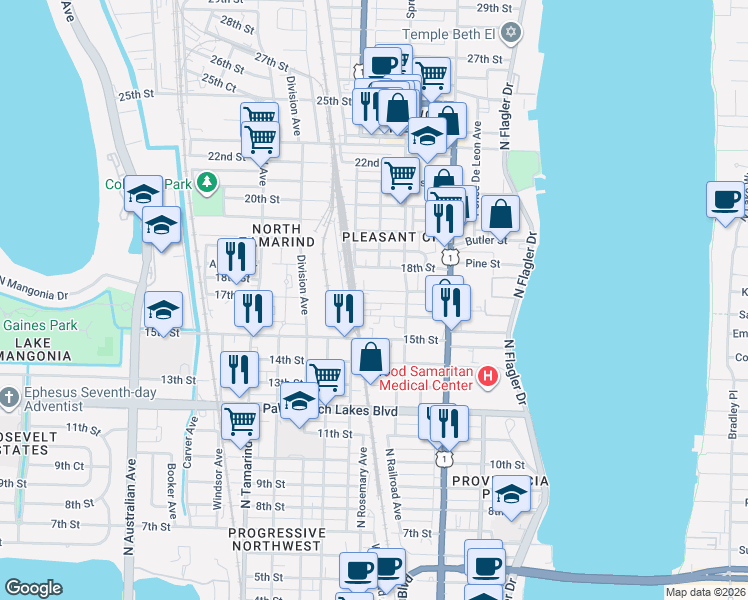 map of restaurants, bars, coffee shops, grocery stores, and more near 535 16th Street in West Palm Beach