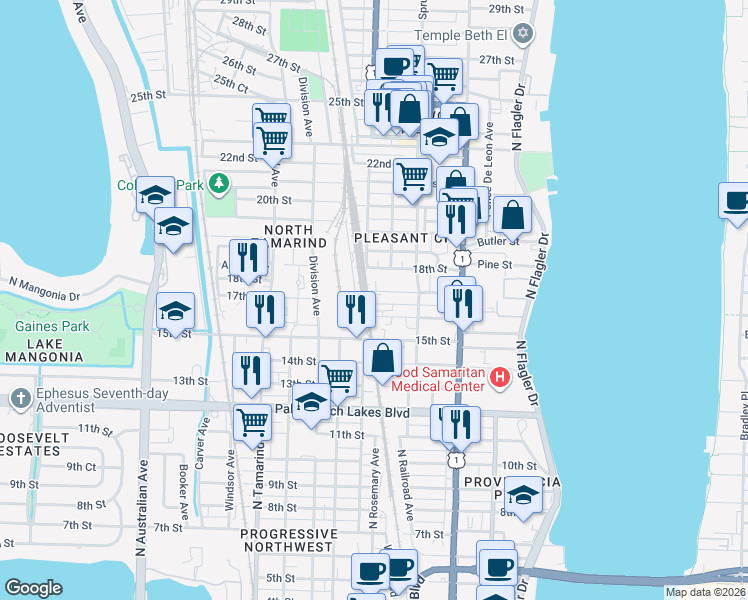 map of restaurants, bars, coffee shops, grocery stores, and more near 535 16th Street in West Palm Beach